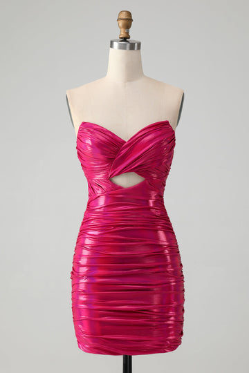 Vestido de cóctel ajustado plisado sin tirantes elegante fucsia
